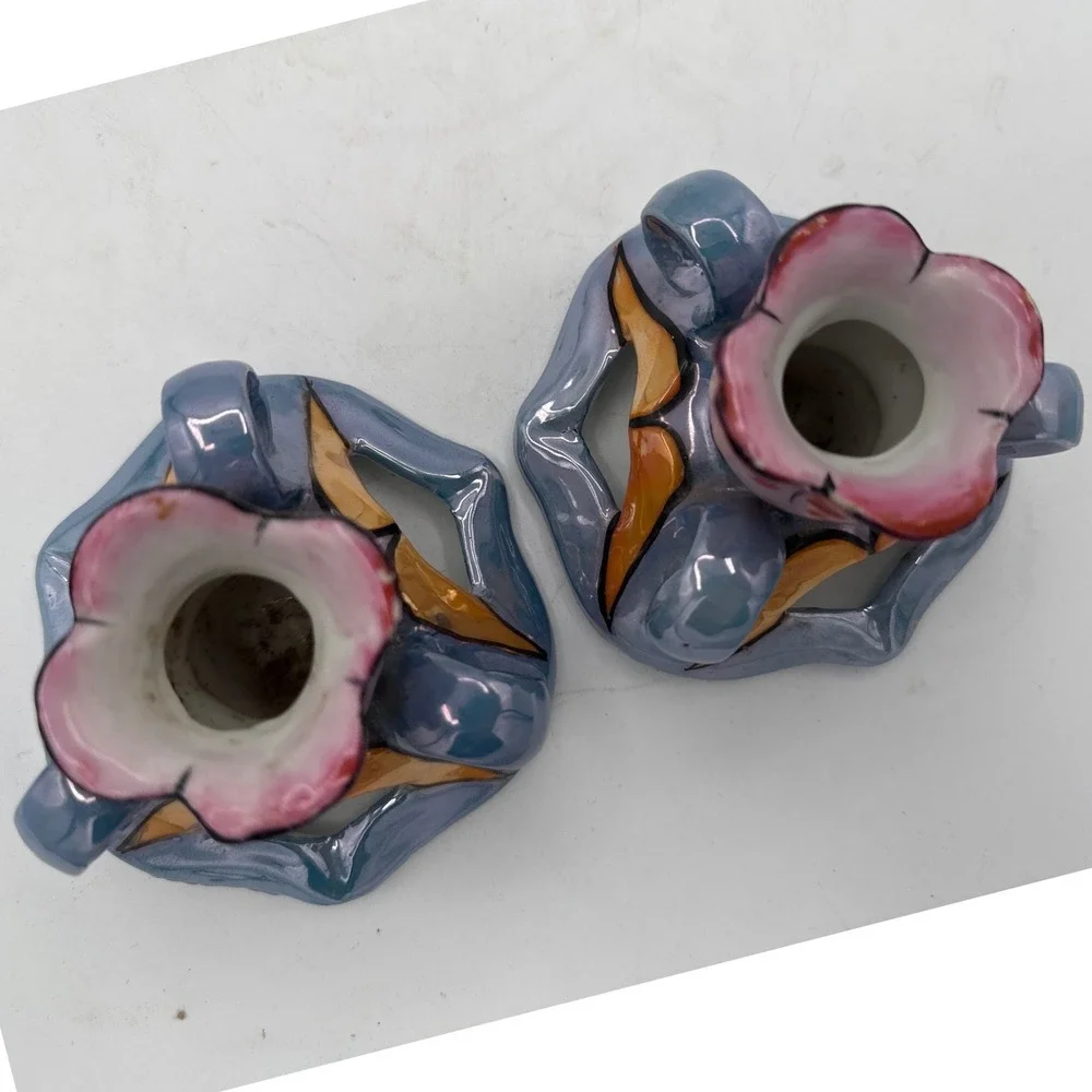 Vintage Handpainted Japan Art Deco Ceramic Candlestick Holders Floral Pair